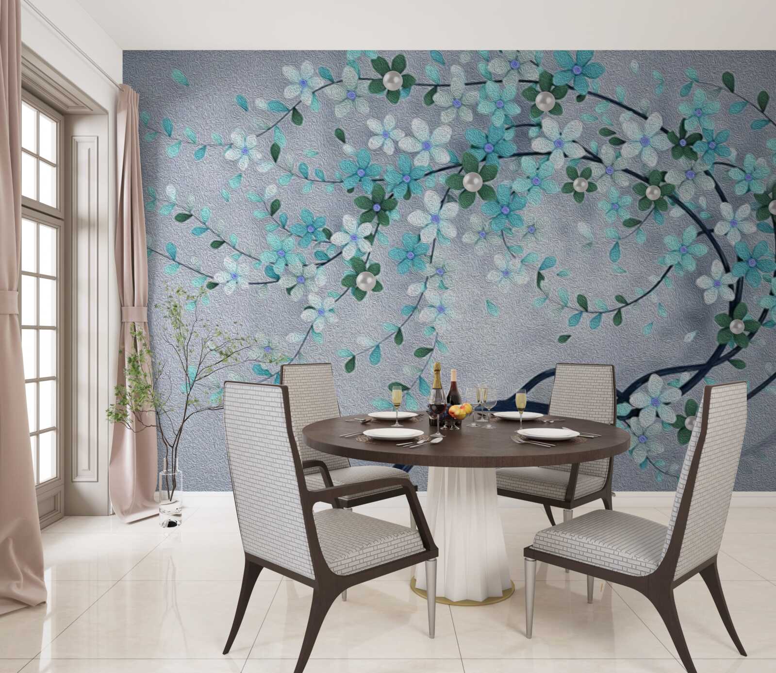 Fototapet un copac îndoit sub greutatea florilor mici