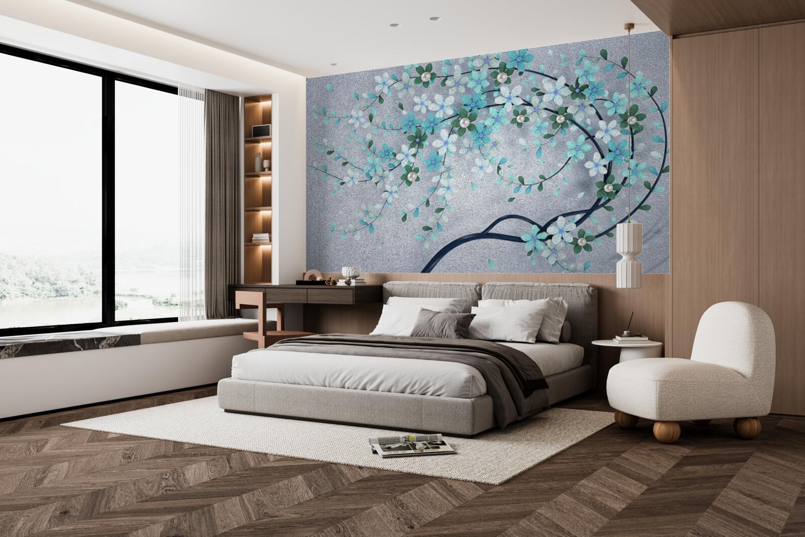 Fototapet un copac îndoit sub greutatea florilor mici