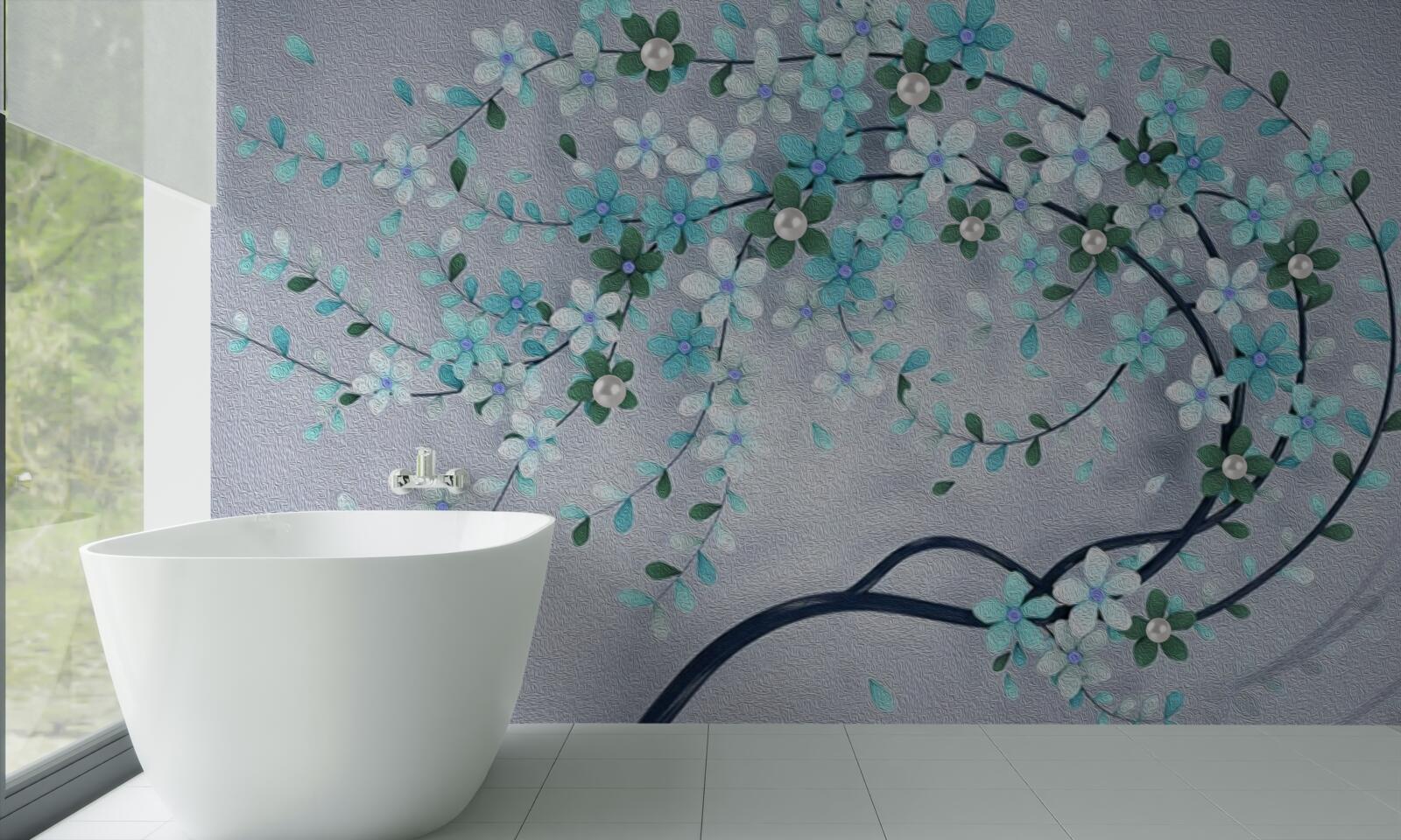 Fototapet un copac îndoit sub greutatea florilor mici