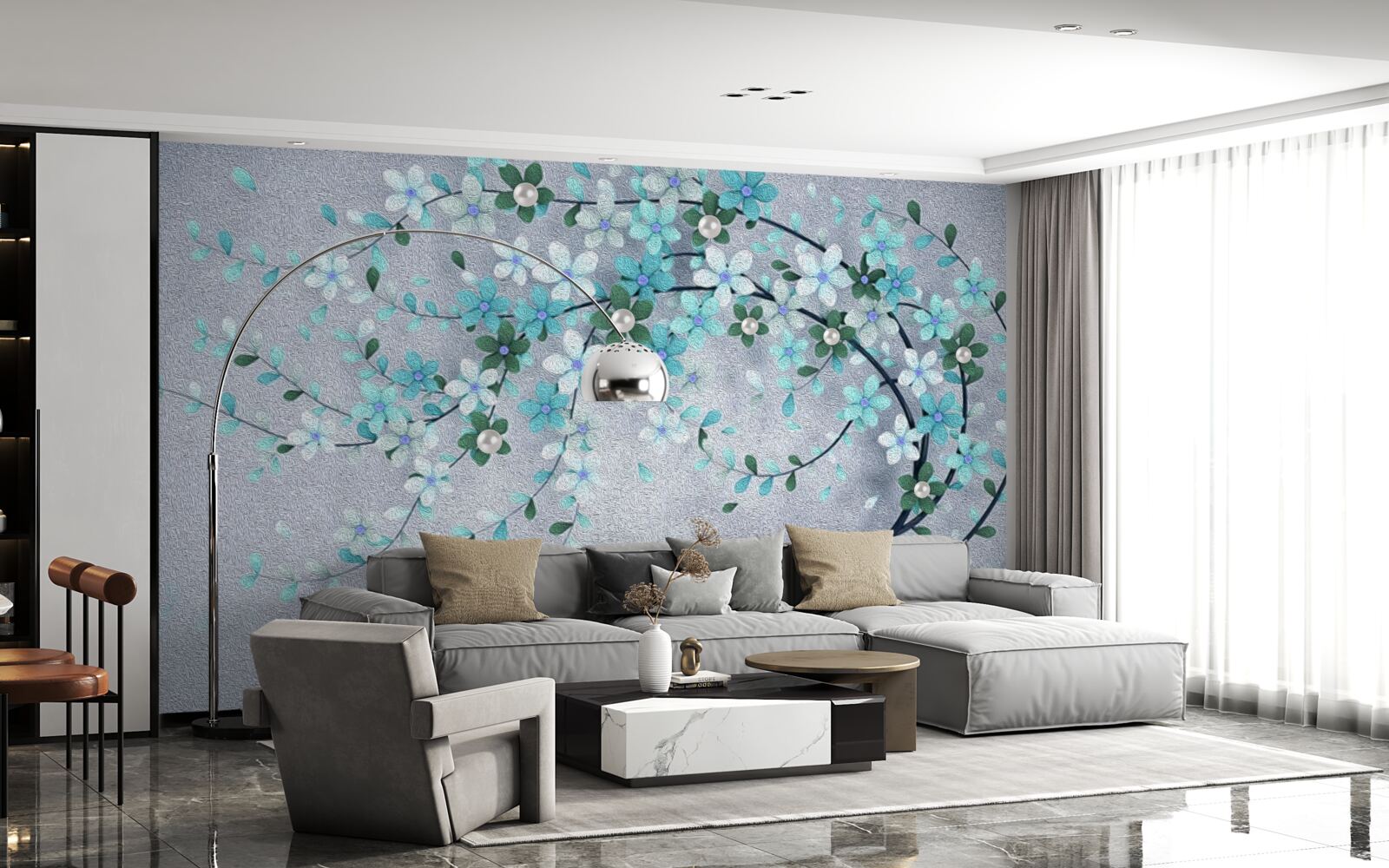 Fototapet un copac îndoit sub greutatea florilor mici