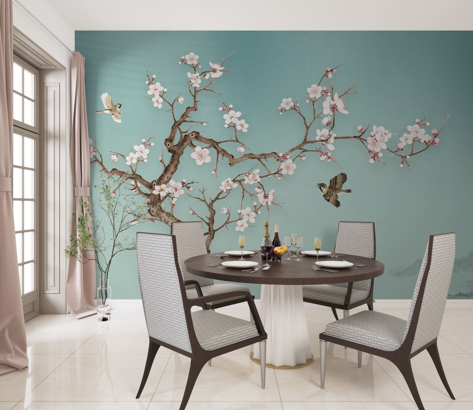 Fototapet copacii cu flori albe au devenit o țintă pentru zborurile păsărilor