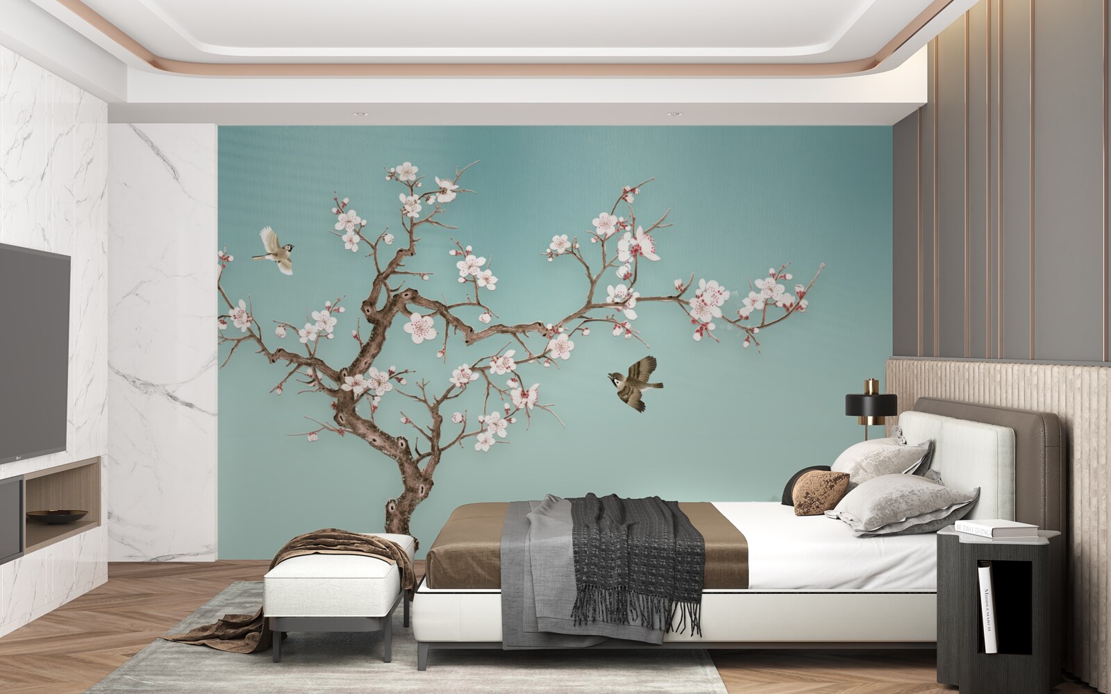 Fototapet copacii cu flori albe au devenit o țintă pentru zborurile păsărilor