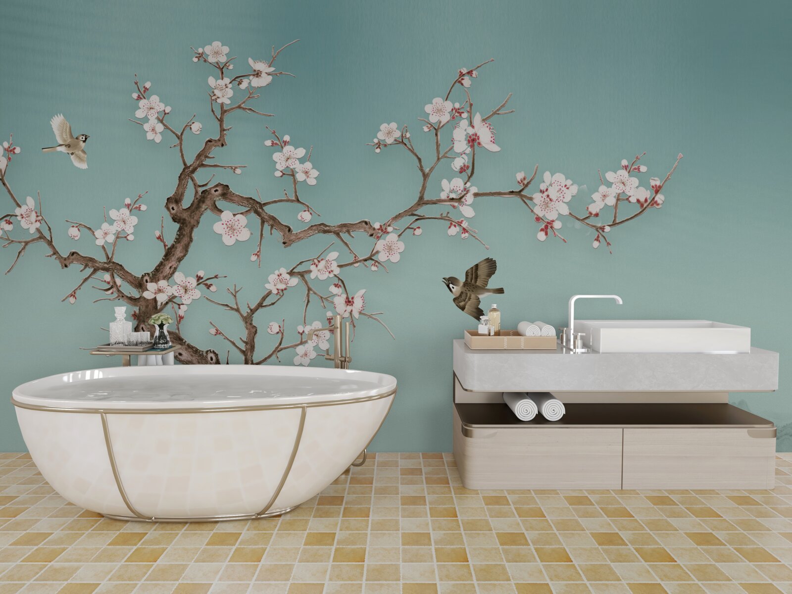 Fototapet copacii cu flori albe au devenit o țintă pentru zborurile păsărilor