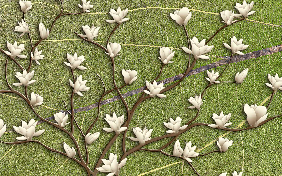 Fototapet Ramuri de magnolie albe ca zăpada pe un fundal verde