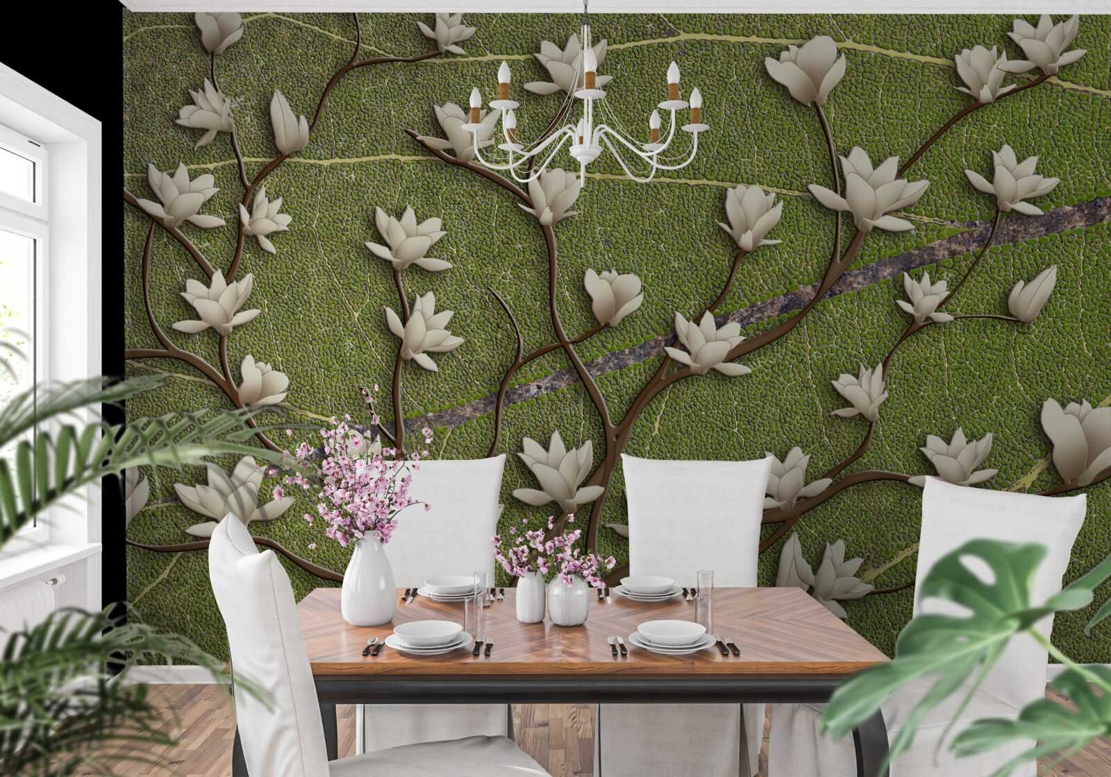 Fototapet Ramuri de magnolie albe ca zăpada pe un fundal verde