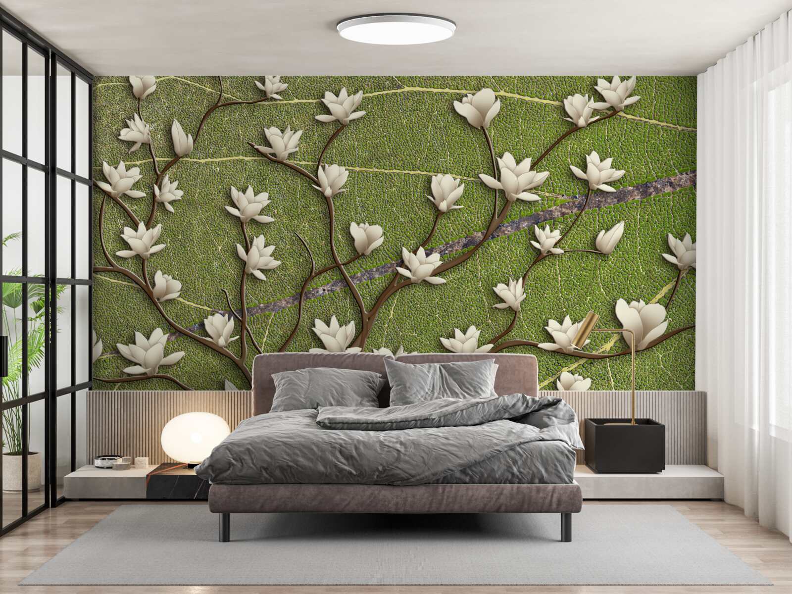 Fototapet Ramuri de magnolie albe ca zăpada pe un fundal verde