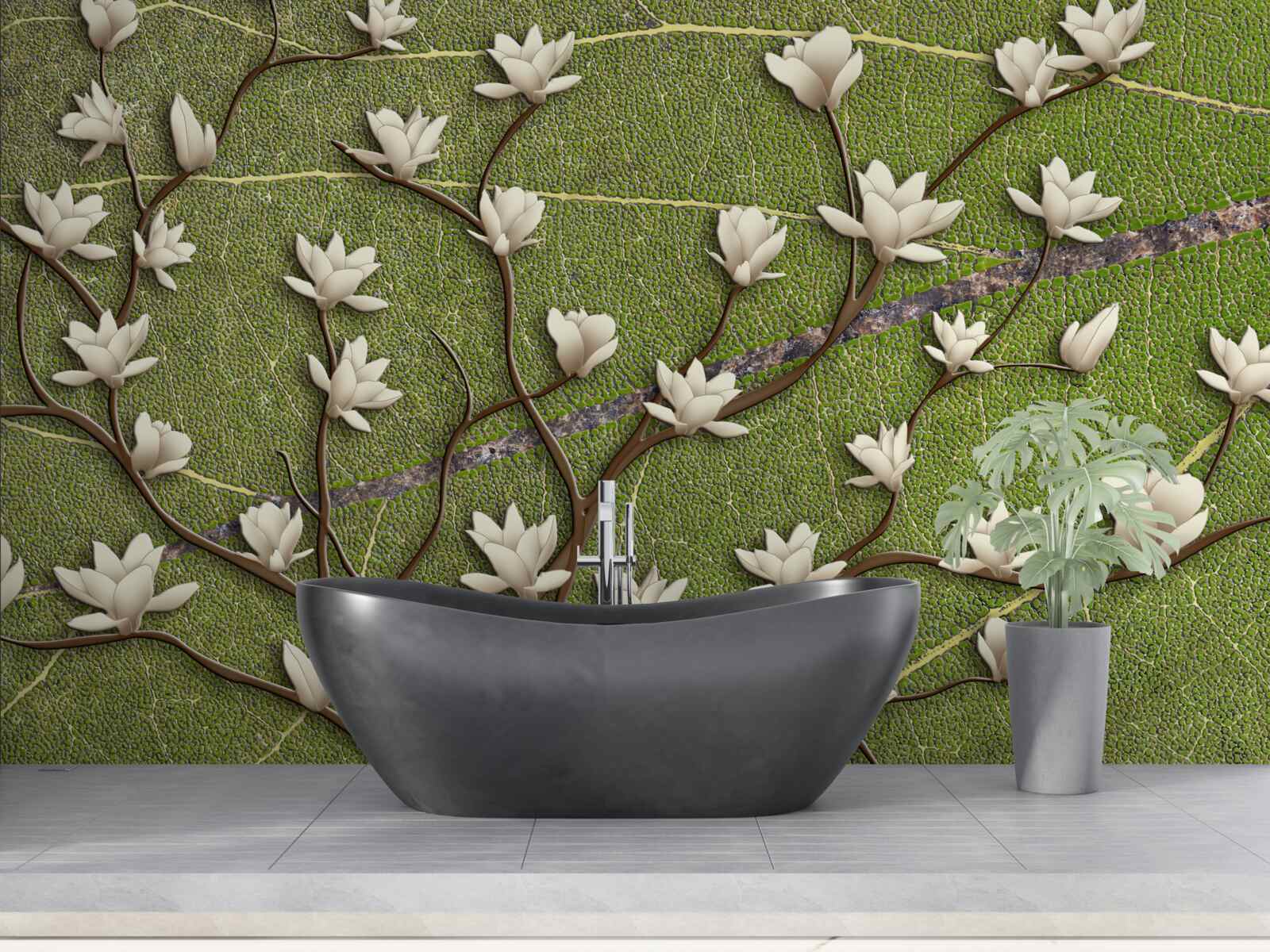 Fototapet Ramuri de magnolie albe ca zăpada pe un fundal verde