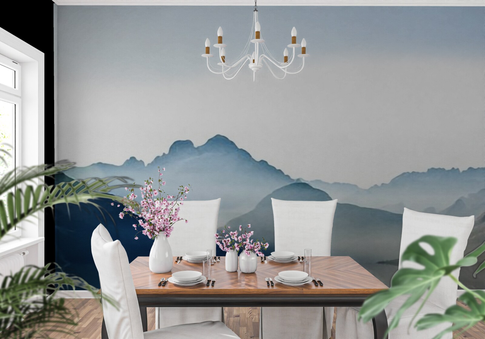 Fototapet oglinda cețoasă se estompează în acuarelă în munți