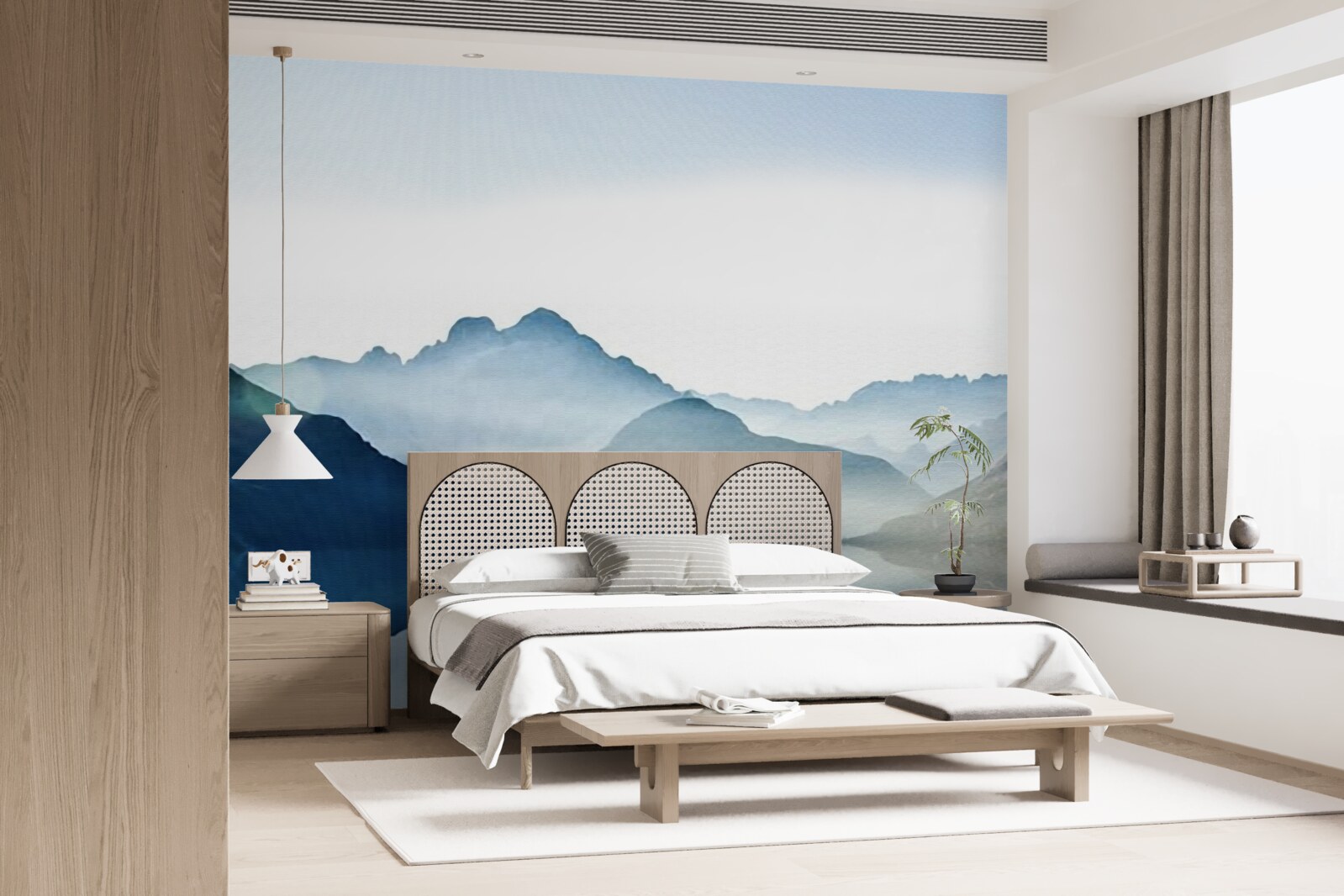 Fototapet oglinda cețoasă se estompează în acuarelă în munți