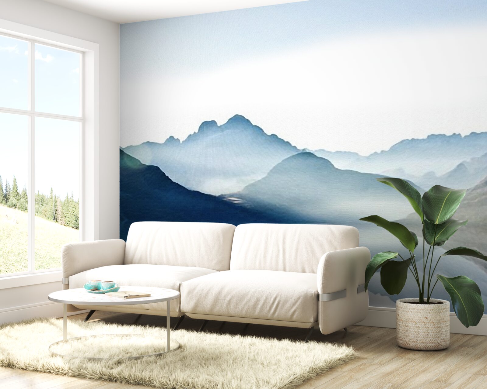 Fototapet oglinda cețoasă se estompează în acuarelă în munți