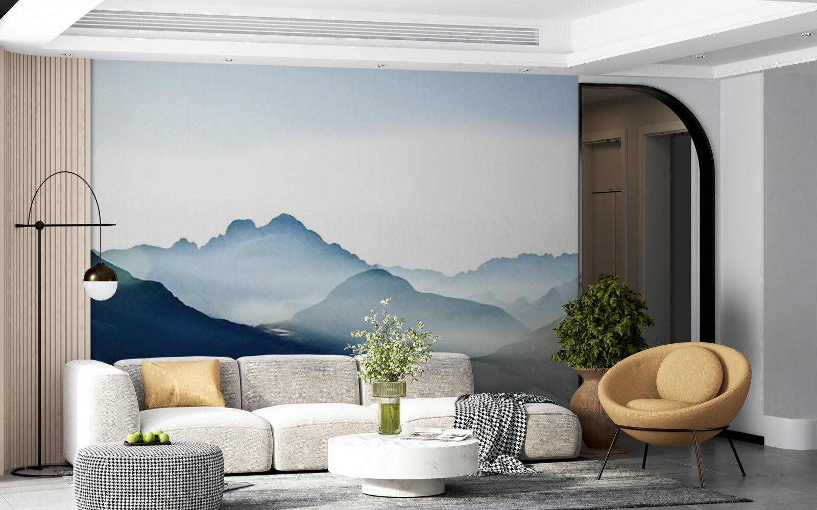 Fototapet oglinda cețoasă se estompează în acuarelă în munți