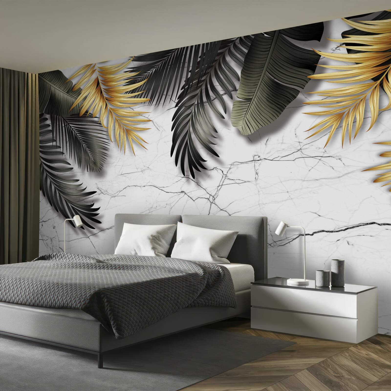 Fototapet marmura este decorată cu frunze de palmier aurii și negre