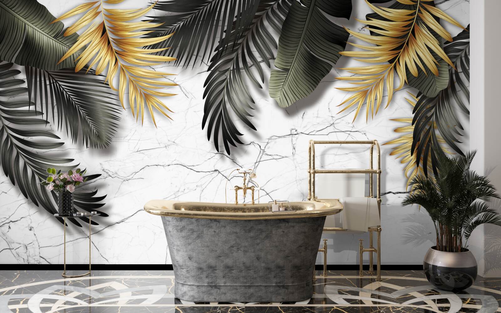 Fototapet marmura este decorată cu frunze de palmier aurii și negre