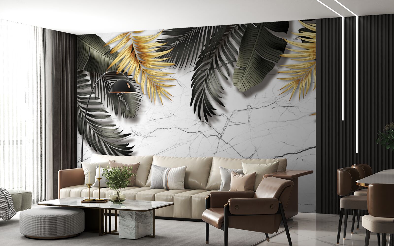 Fototapet marmura este decorată cu frunze de palmier aurii și negre