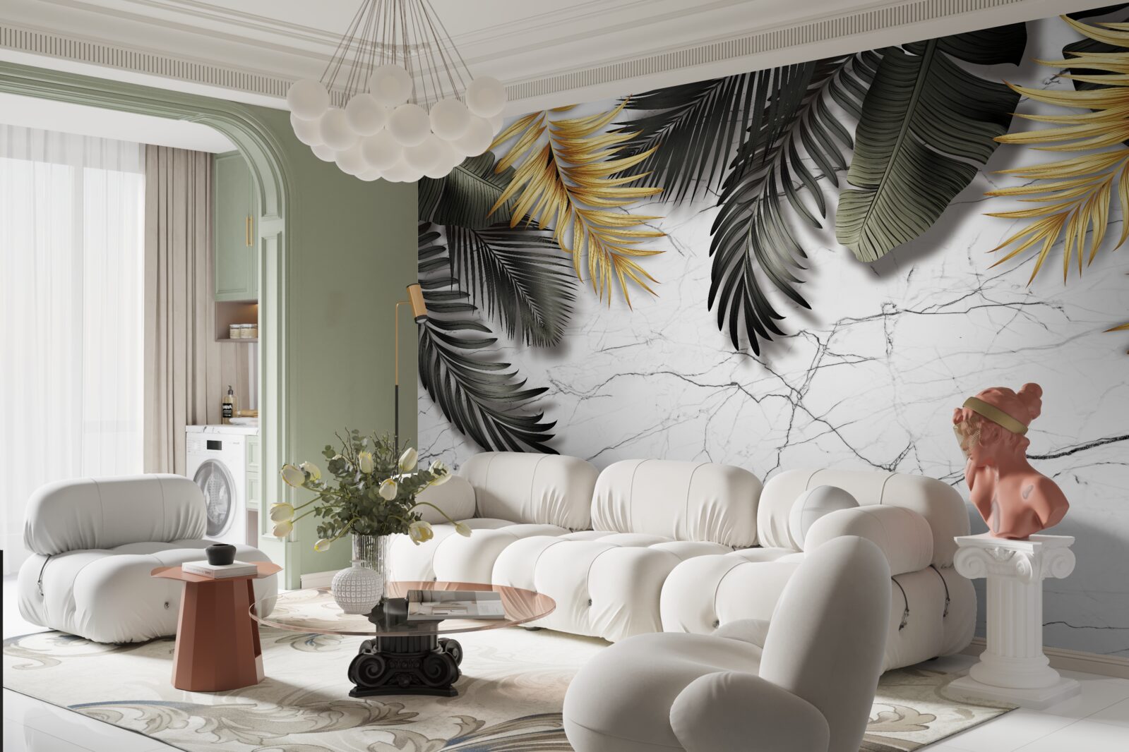 Fototapet marmura este decorată cu frunze de palmier aurii și negre
