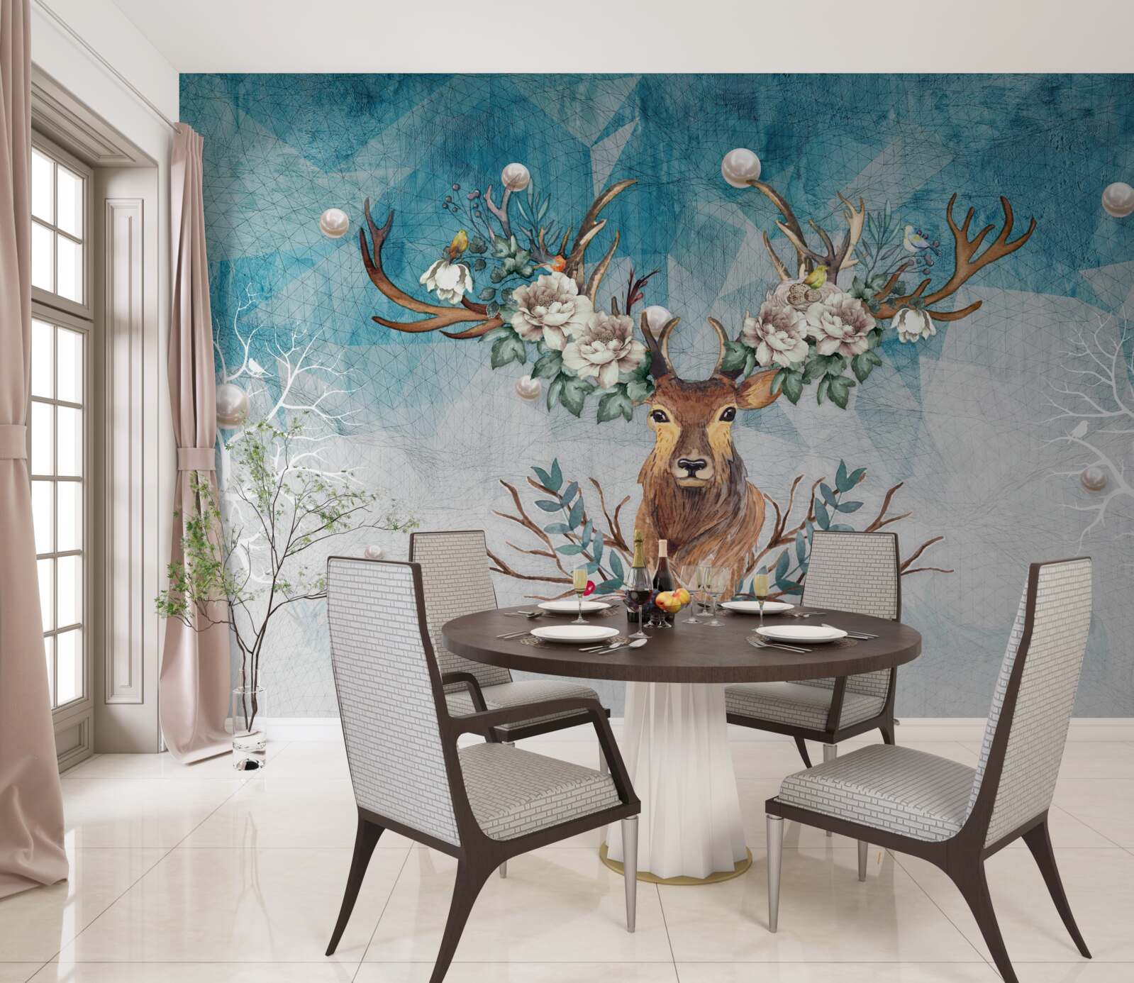 Fototapet căprioară de iarnă cu flori care îi decorează coarnele