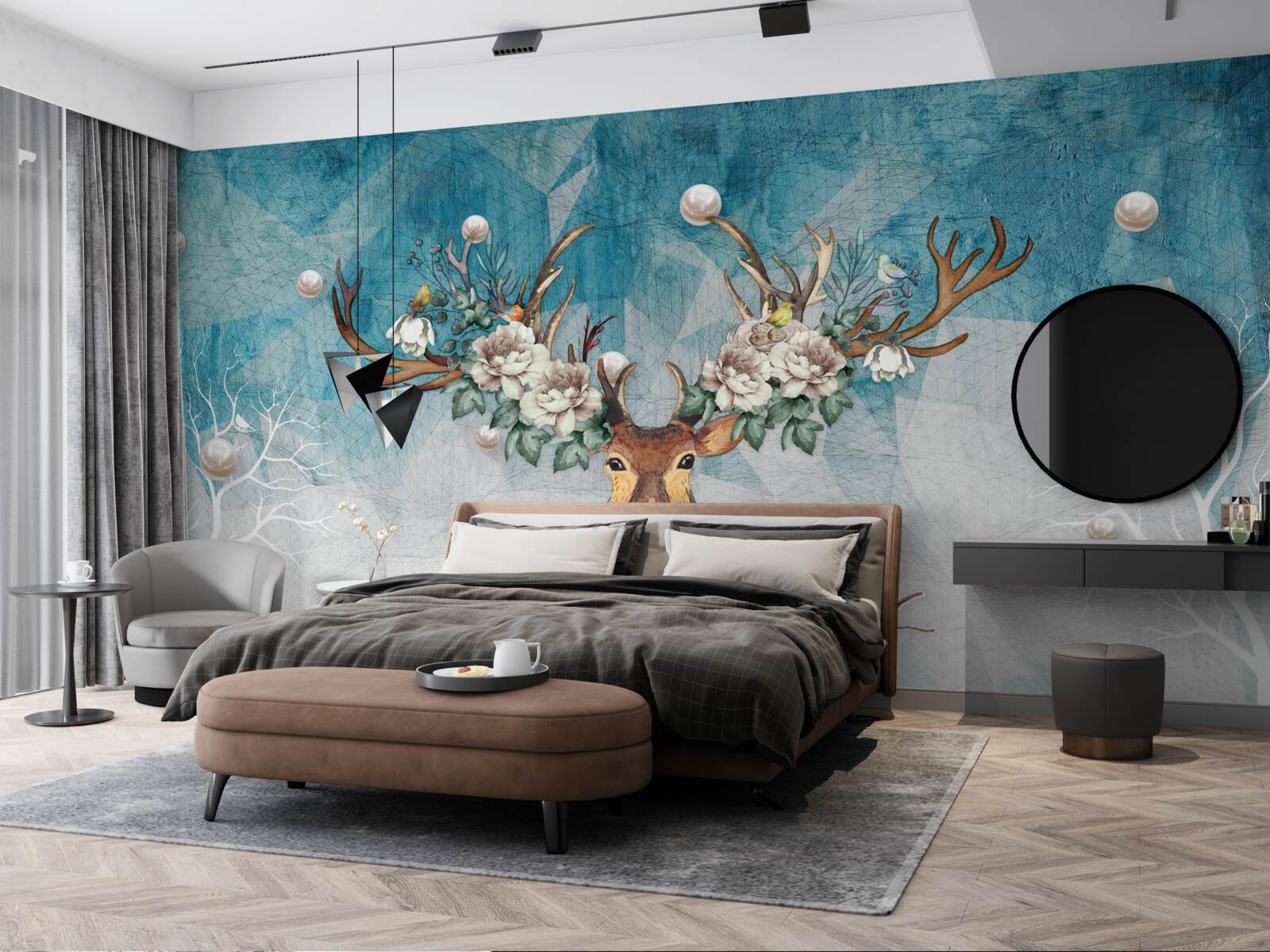 Fototapet căprioară de iarnă cu flori care îi decorează coarnele