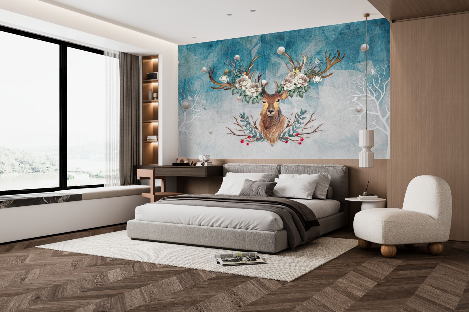 Fototapet căprioară de iarnă cu flori care îi decorează coarnele