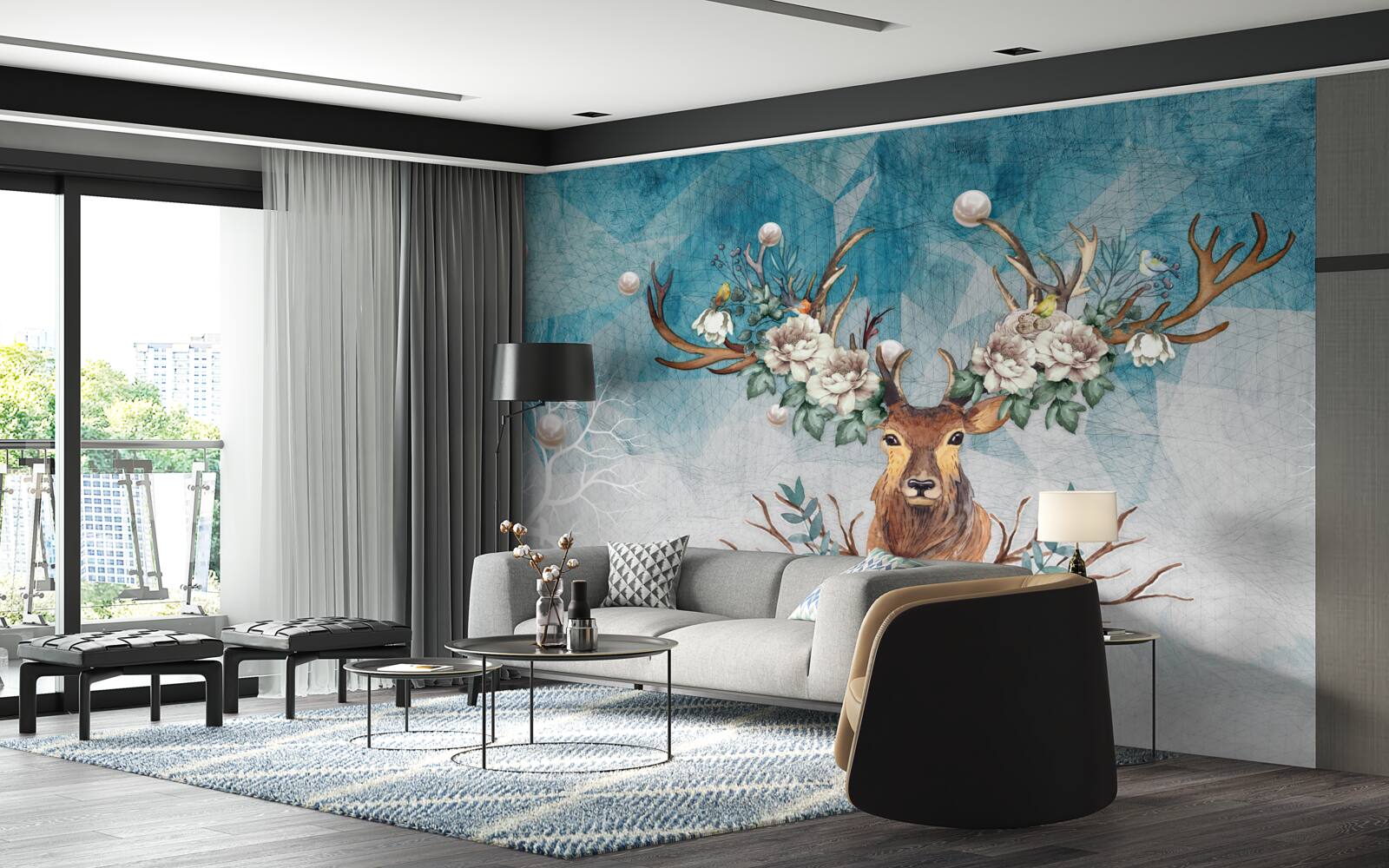 Fototapet căprioară de iarnă cu flori care îi decorează coarnele