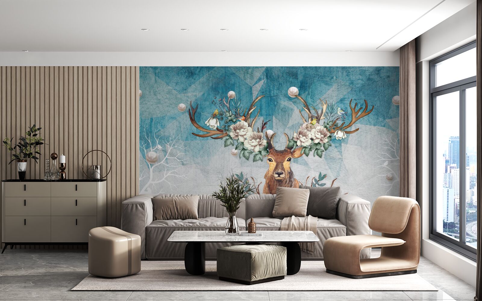 Fototapet căprioară de iarnă cu flori care îi decorează coarnele