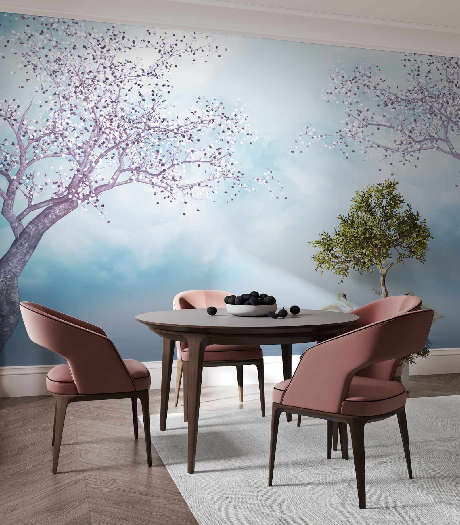 Fototapet cu lebede pe un lac sub ceață