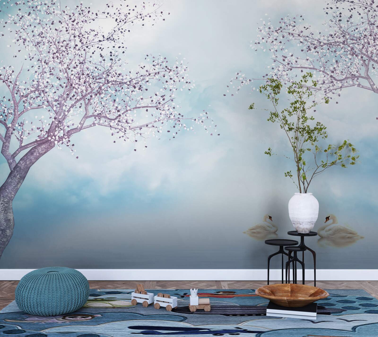 Fototapet cu lebede pe un lac sub ceață