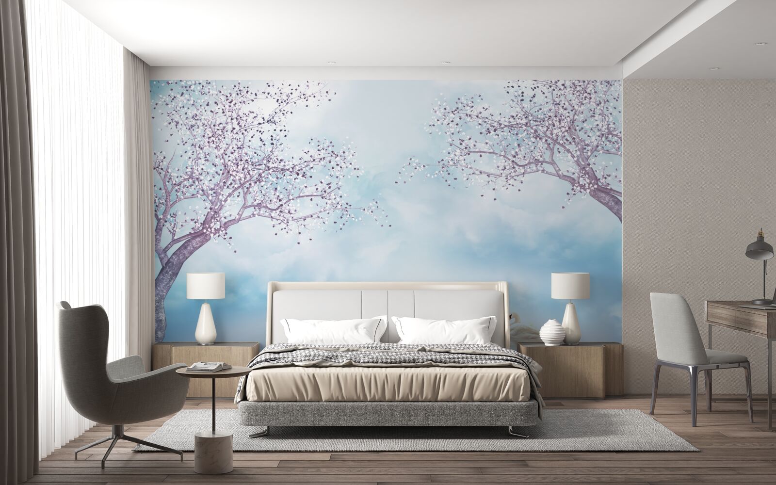 Fototapet cu lebede pe un lac sub ceață