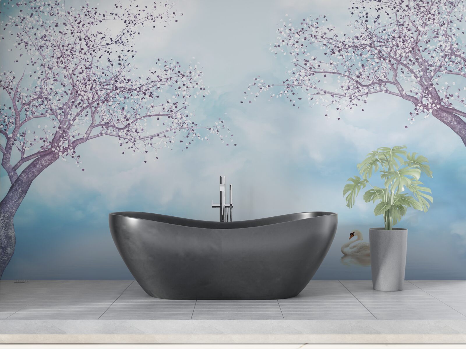 Fototapet cu lebede pe un lac sub ceață