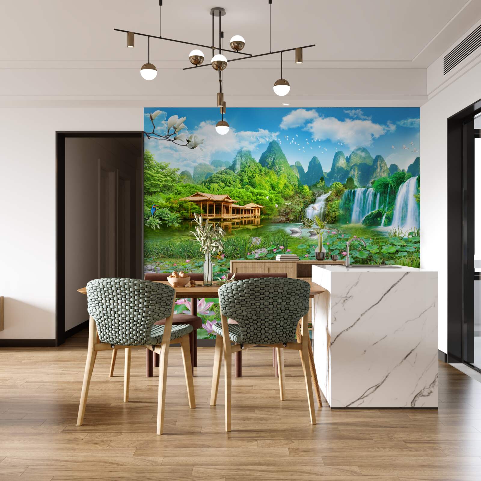 Fototapet locuiesc lângă o cascadă care cade într-un corp natural de apă