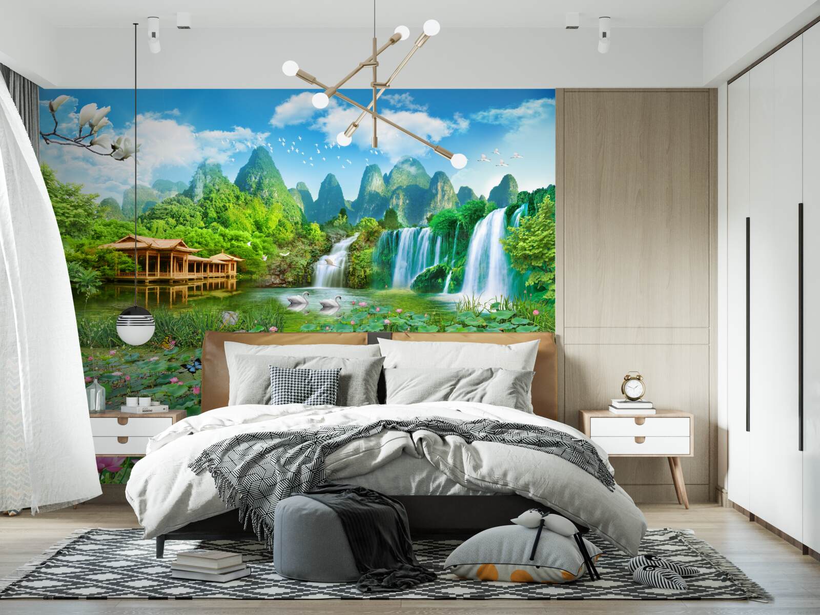 Fototapet locuiesc lângă o cascadă care cade într-un corp natural de apă