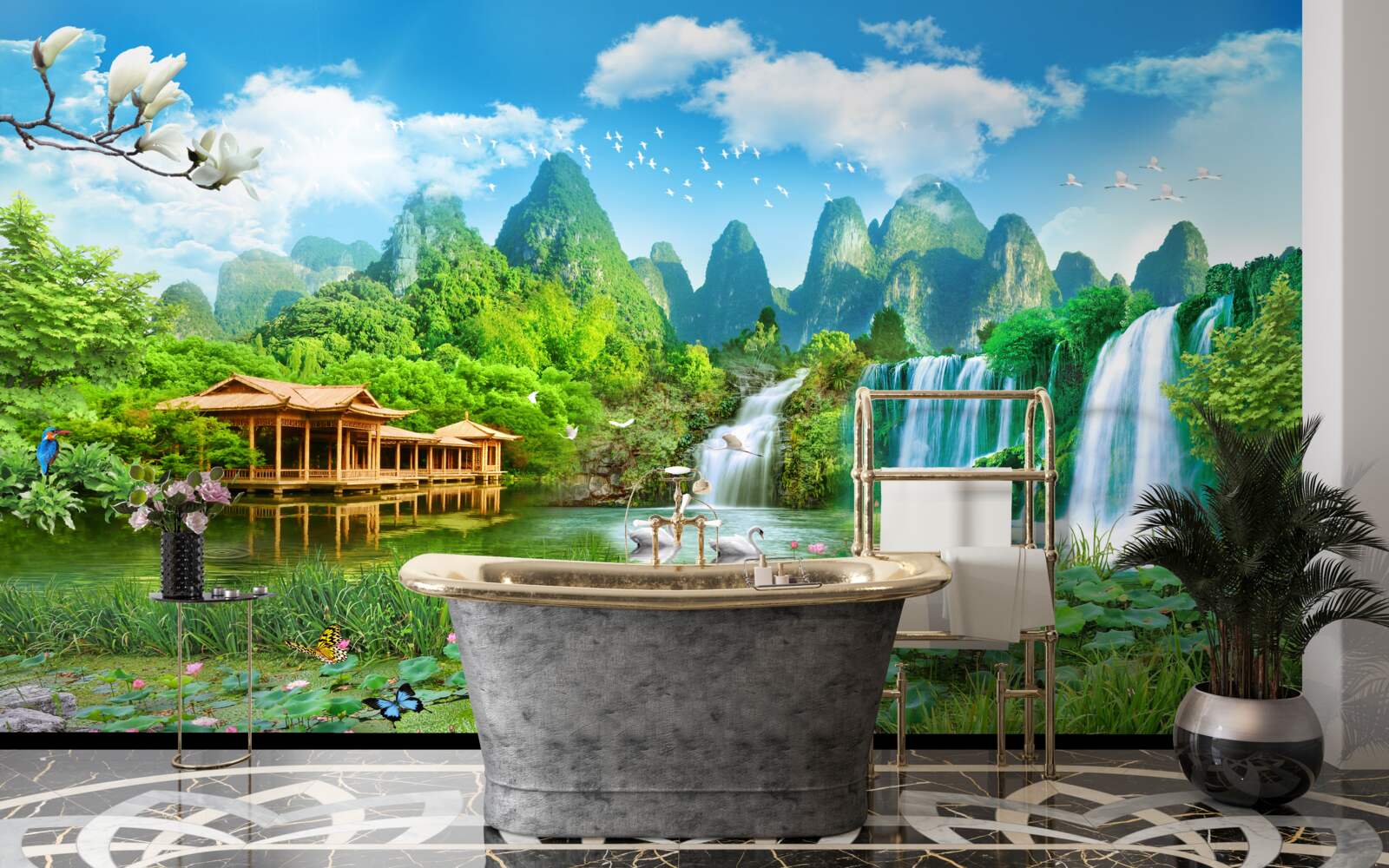 Fototapet locuiesc lângă o cascadă care cade într-un corp natural de apă