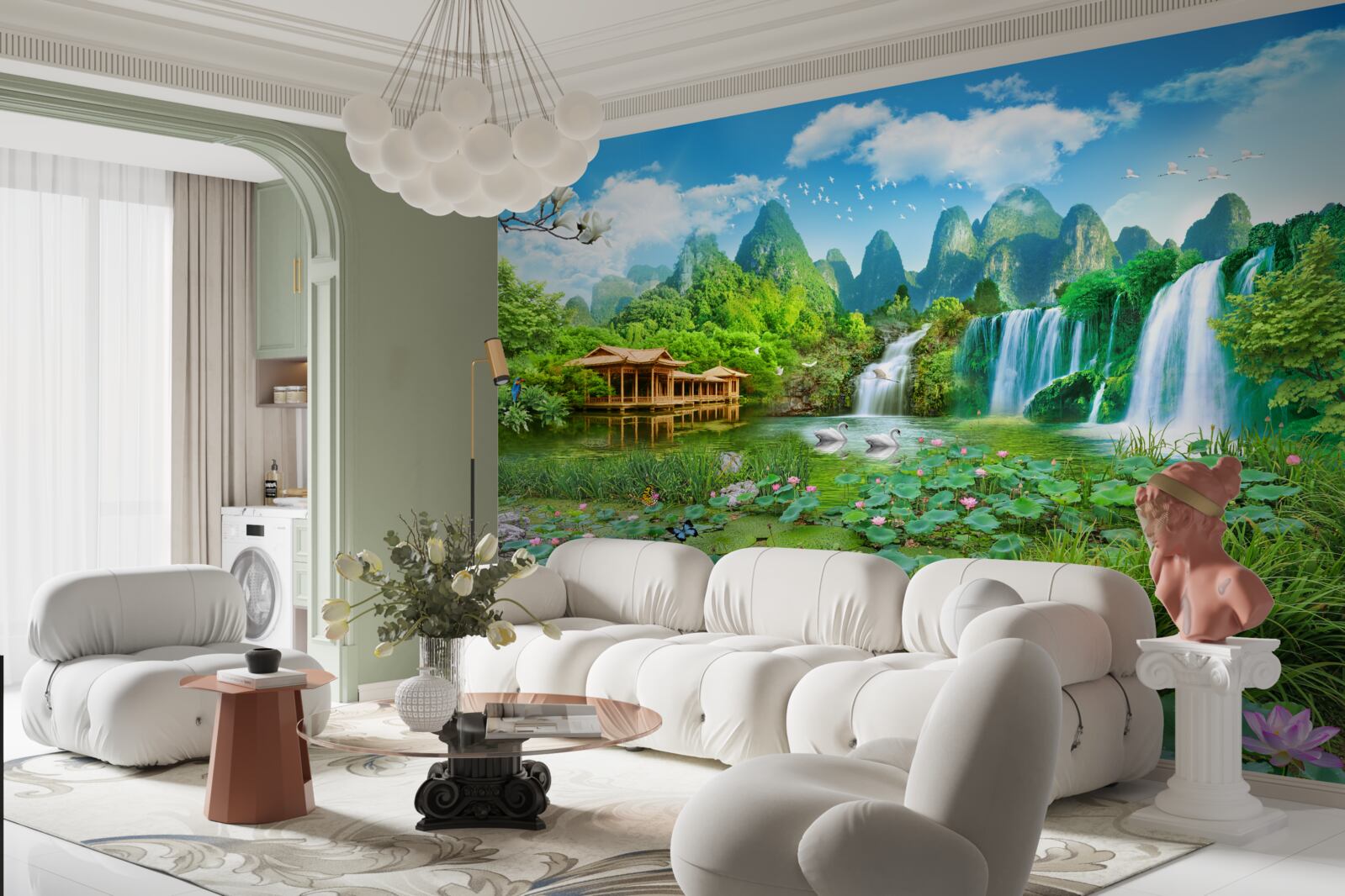 Fototapet locuiesc lângă o cascadă care cade într-un corp natural de apă