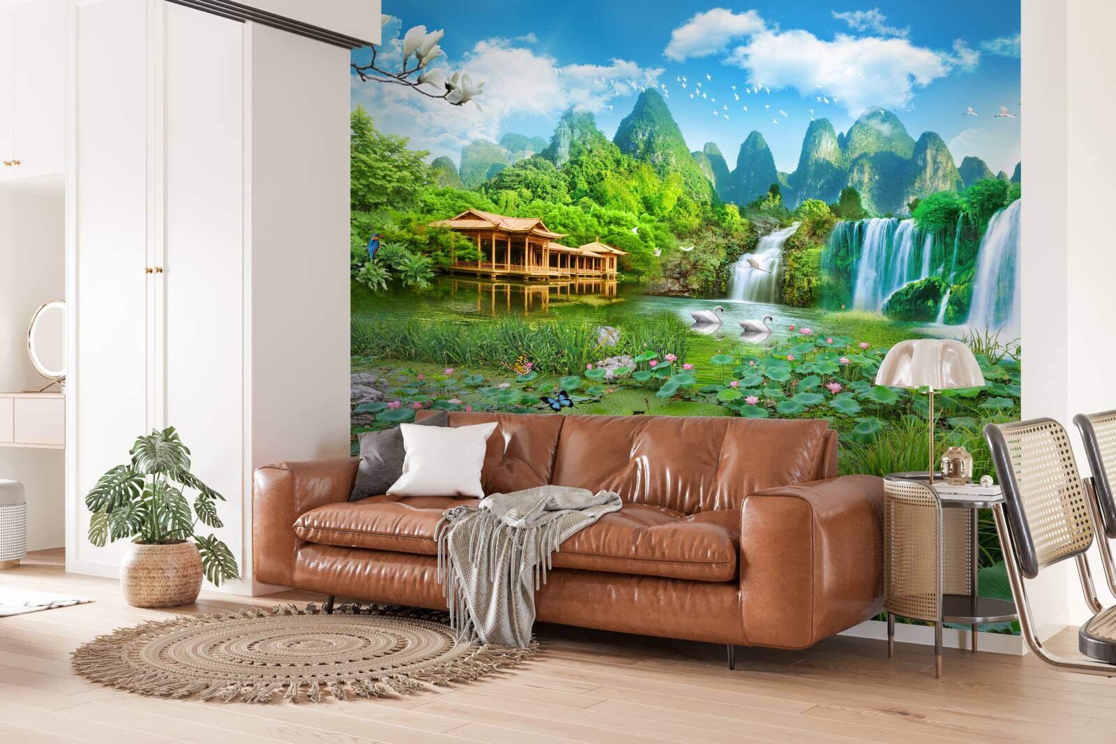 Fototapet locuiesc lângă o cascadă care cade într-un corp natural de apă