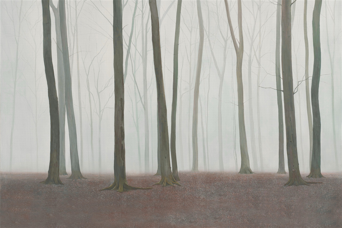 Fototapet copaci unici înconjurați de ceață