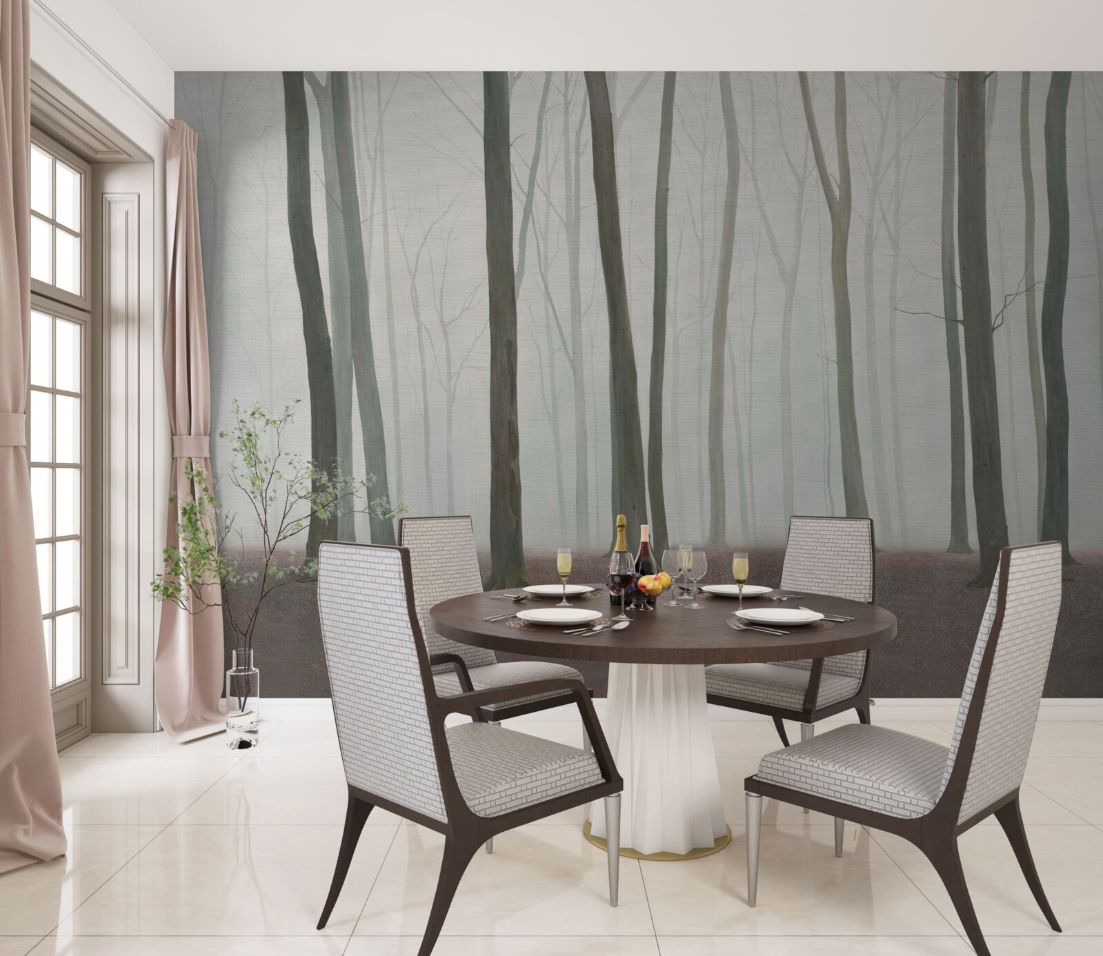 Fototapet copaci unici înconjurați de ceață