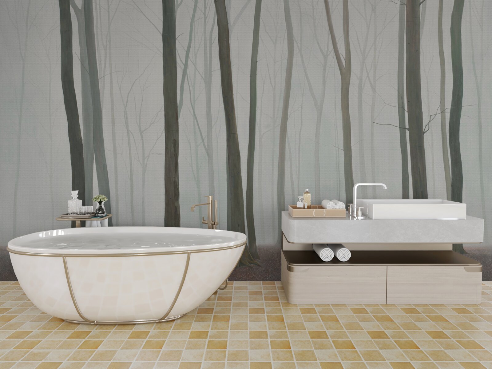 Fototapet copaci unici înconjurați de ceață