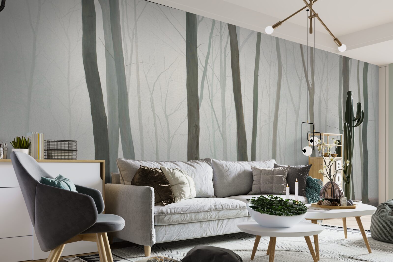 Fototapet copaci unici înconjurați de ceață