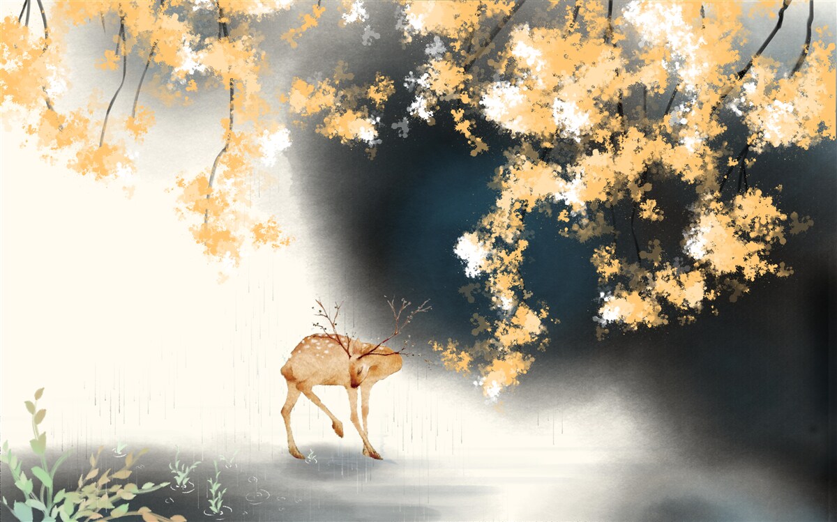 Fototapet chamois în tufișuri cețoase de toamnă