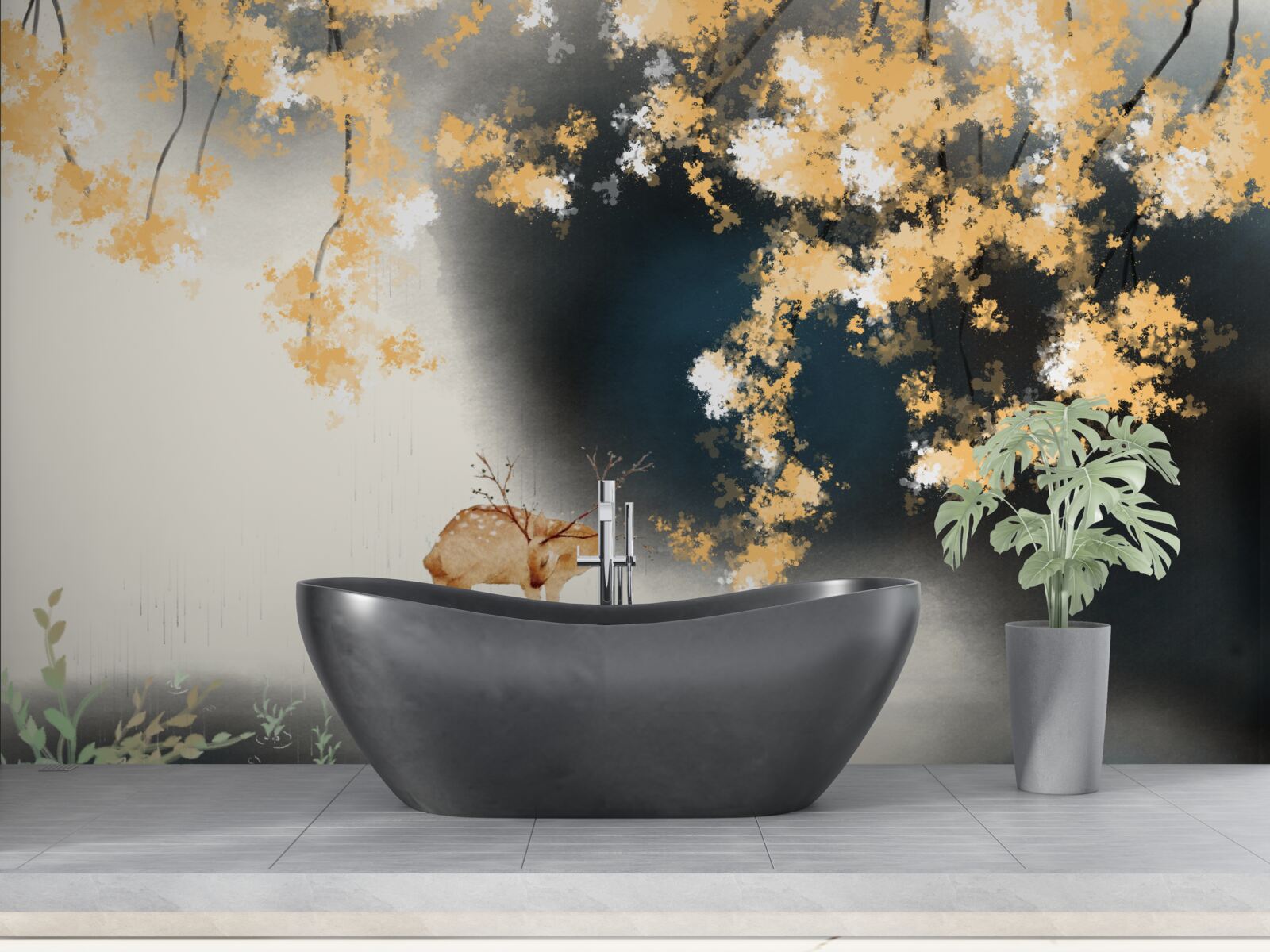 Fototapet chamois în tufișuri cețoase de toamnă