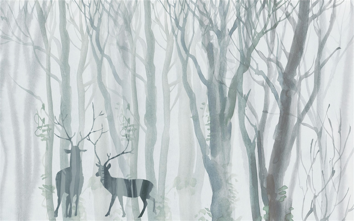 Fototapet pădure de iarnă, cețoasă, locuită de căprioare