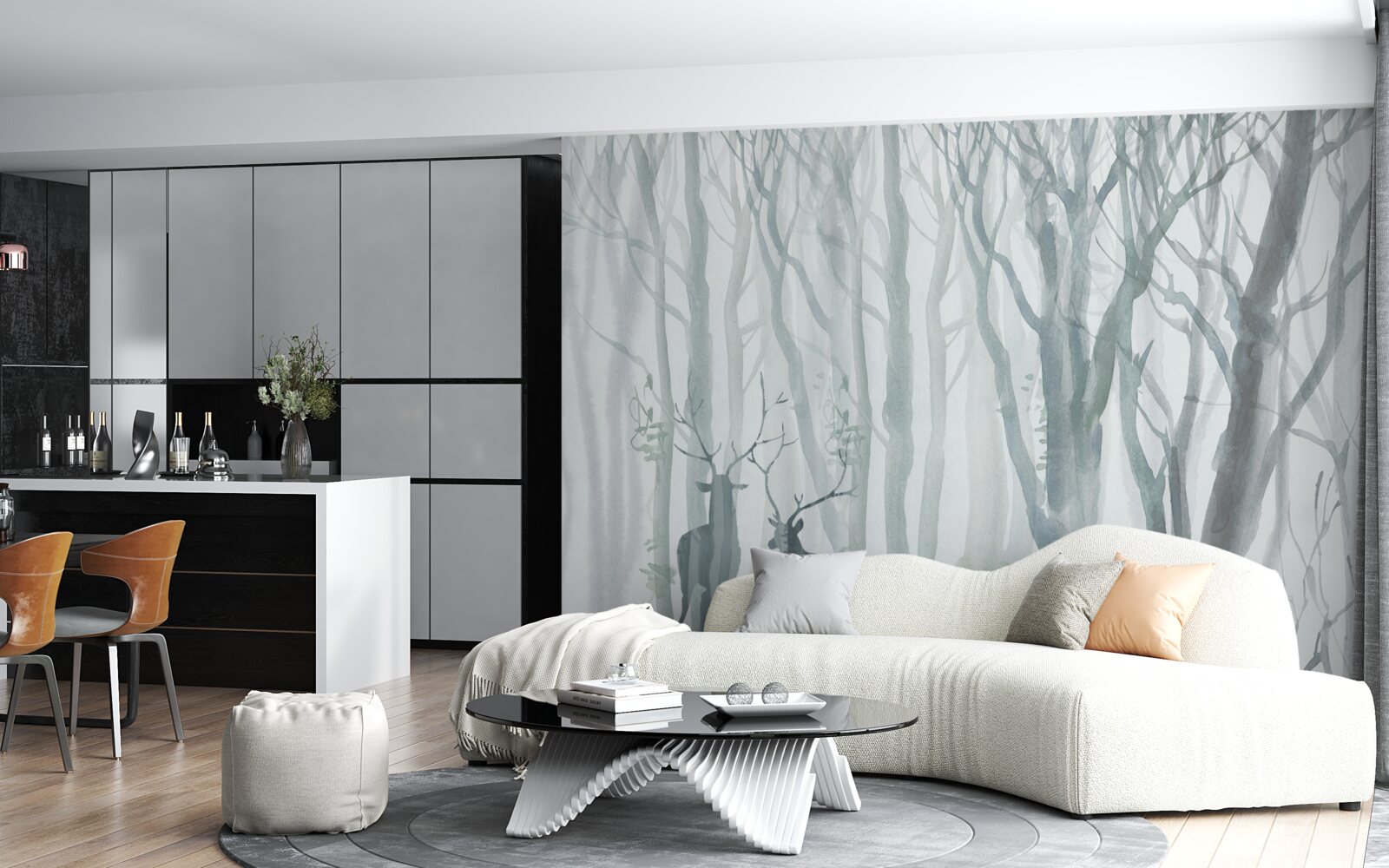 Fototapet pădure de iarnă, cețoasă, locuită de căprioare