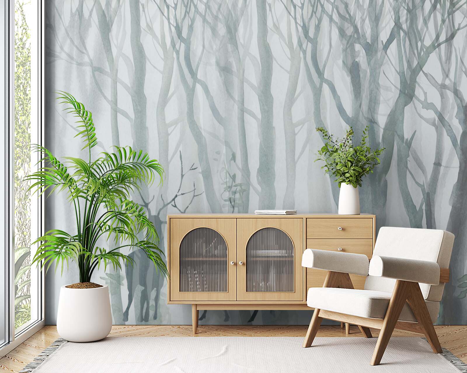 Fototapet pădure de iarnă, cețoasă, locuită de căprioare