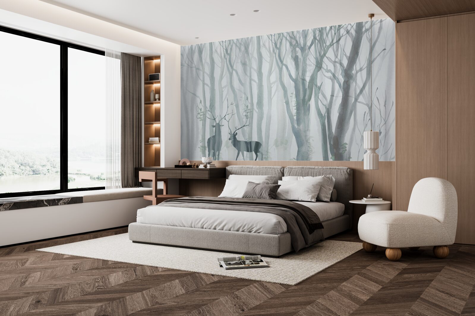 Fototapet pădure de iarnă, cețoasă, locuită de căprioare