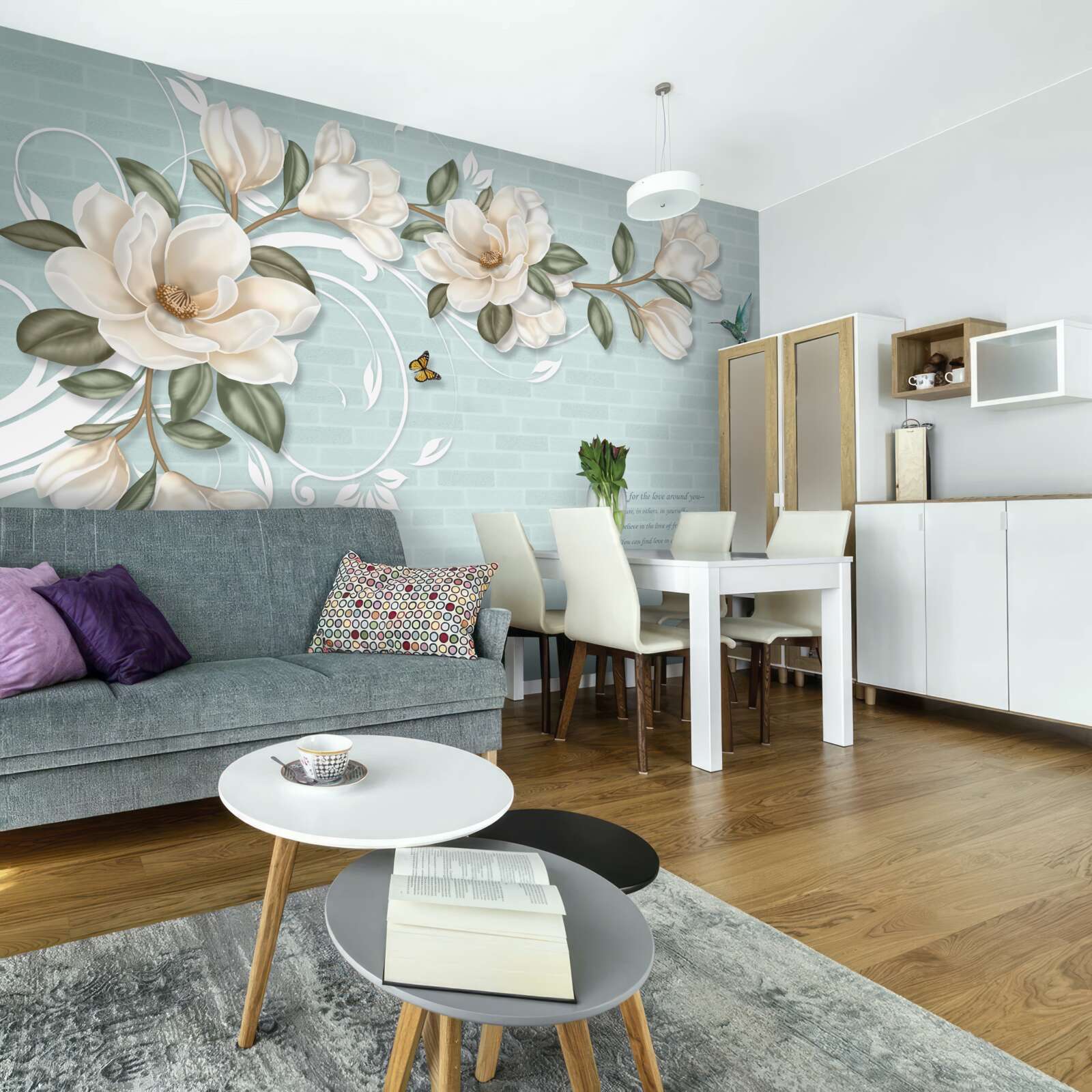 Fototapet fluturi și colibri lângă mugurii albi ca zăpada