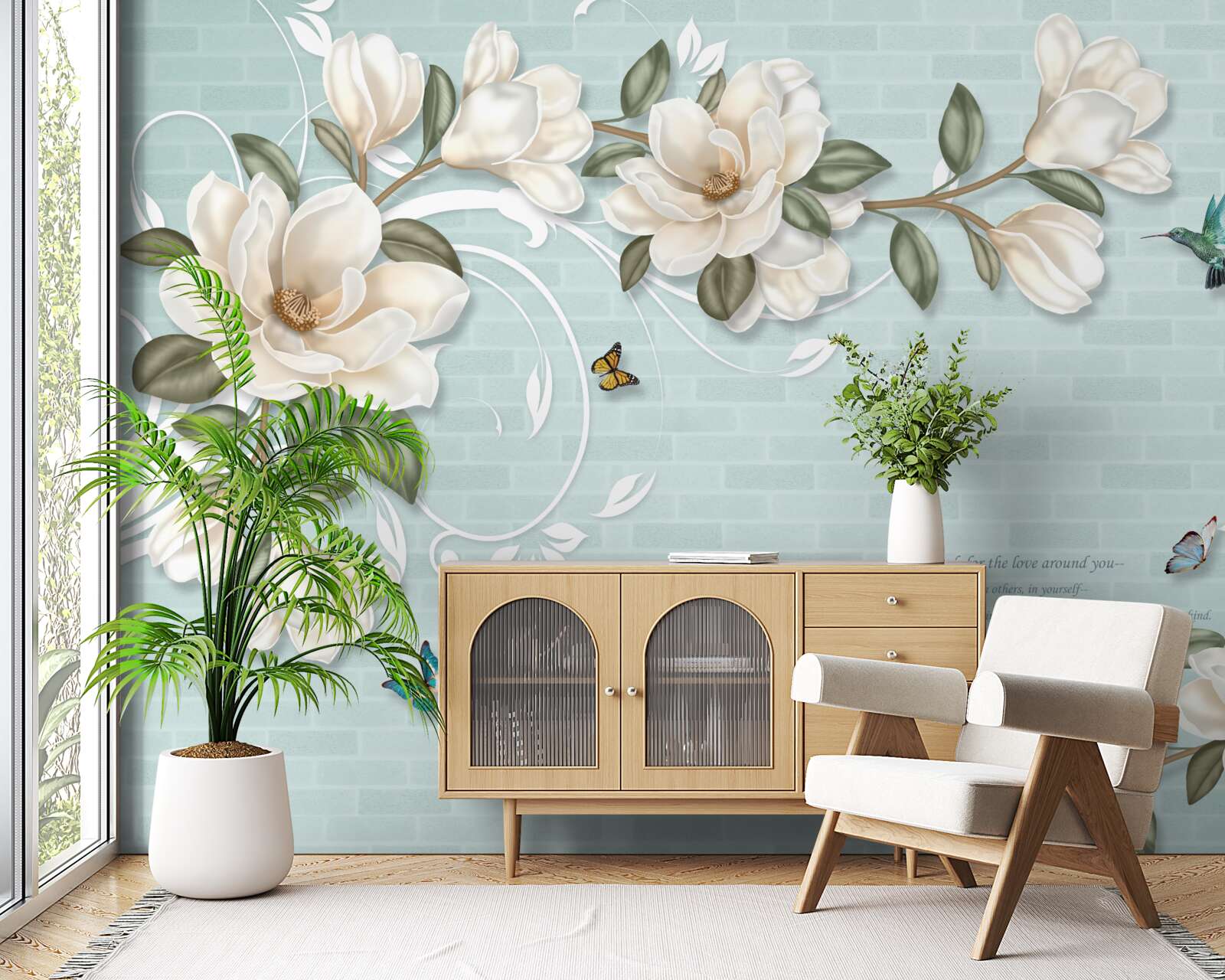 Fototapet fluturi și colibri lângă mugurii albi ca zăpada