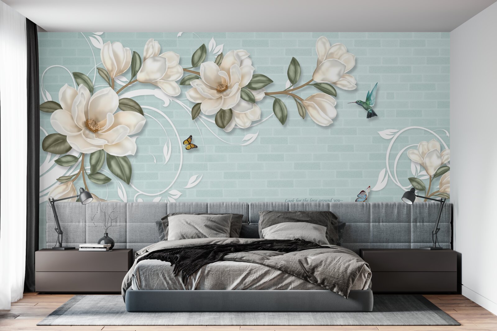 Fototapet fluturi și colibri lângă mugurii albi ca zăpada