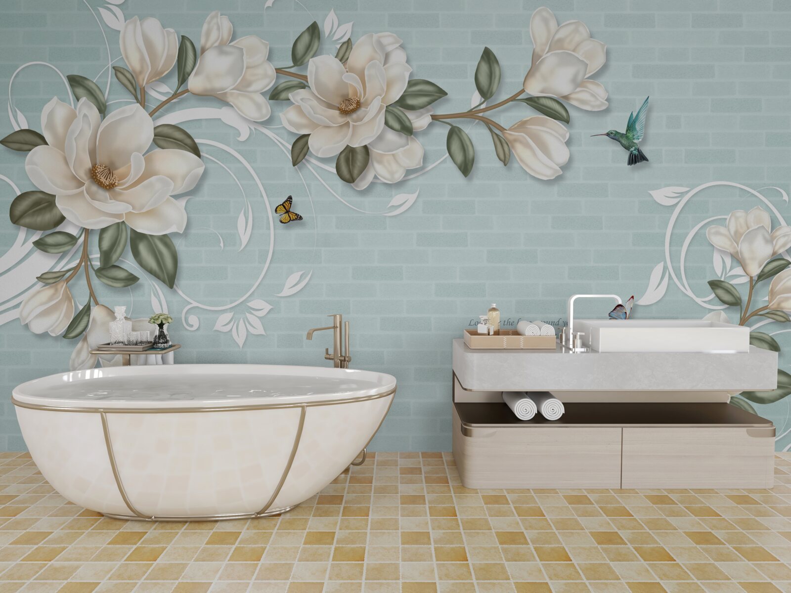 Fototapet fluturi și colibri lângă mugurii albi ca zăpada