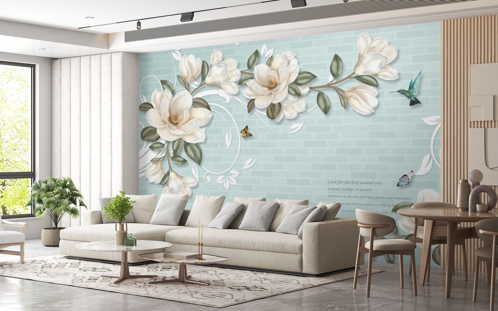 Fototapet fluturi și colibri lângă mugurii albi ca zăpada