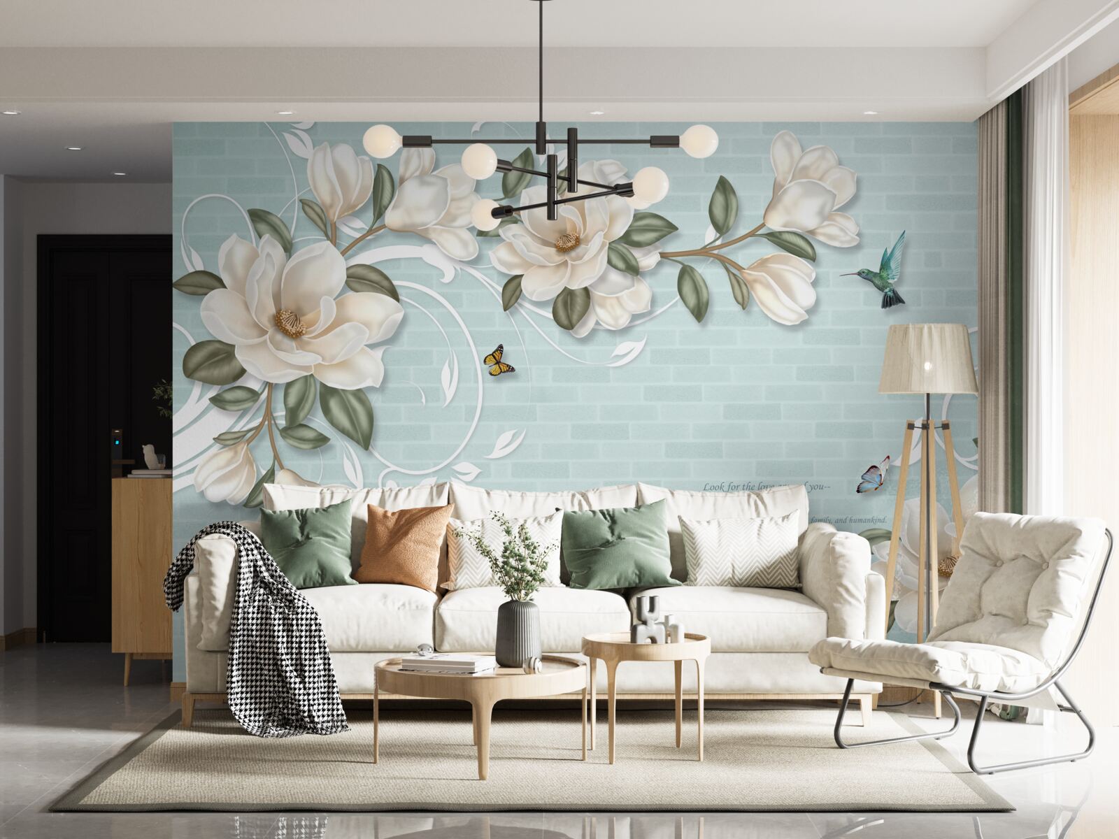 Fototapet fluturi și colibri lângă mugurii albi ca zăpada