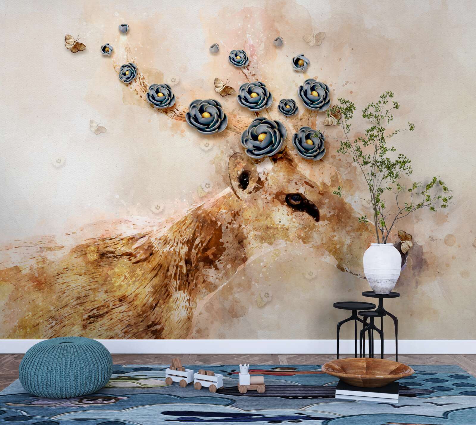 Fototapet elena este înconjurată de flori pe un fundal roz